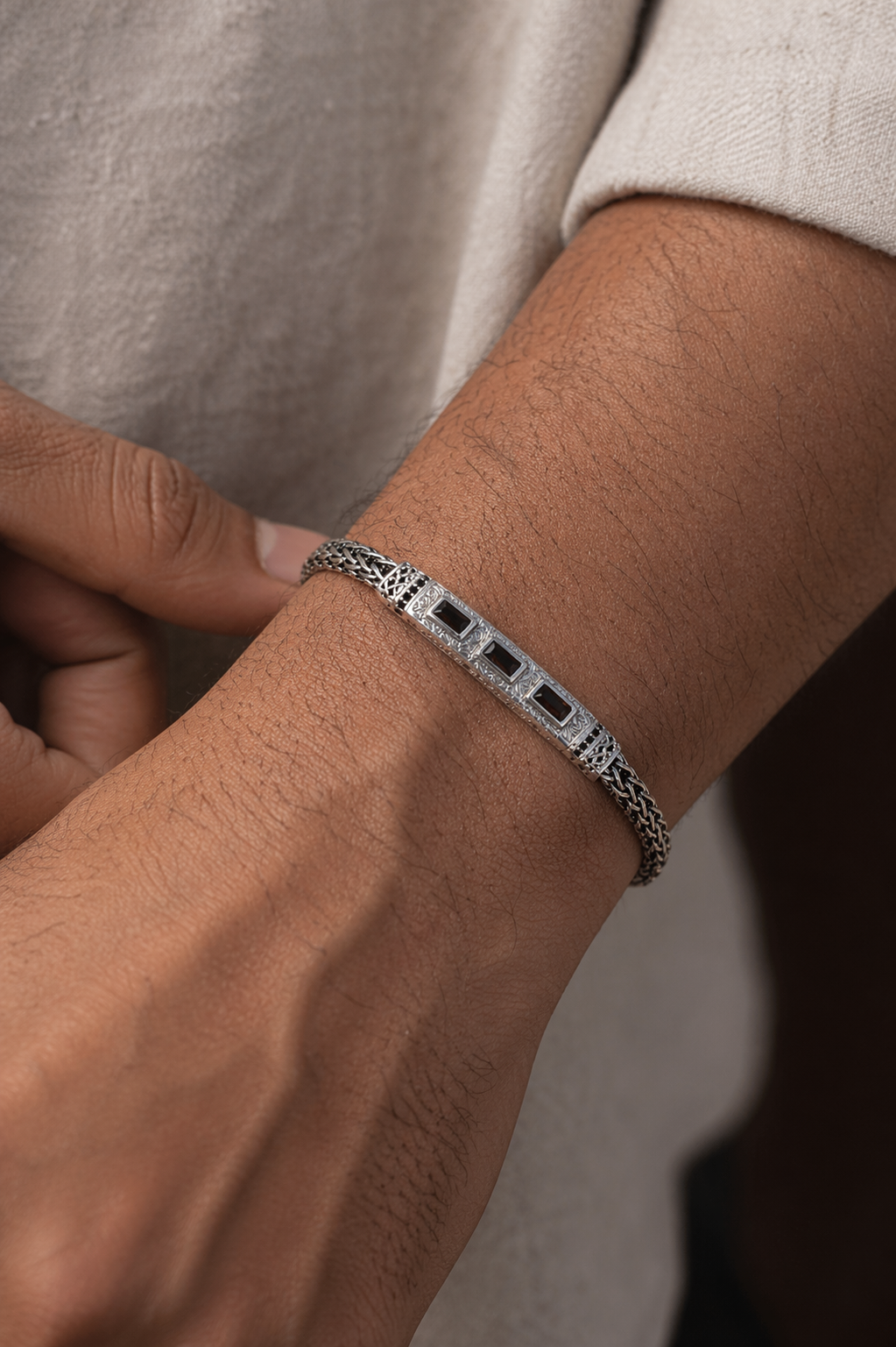 Sterling Silver Black Stone Link Bracelet for Men
