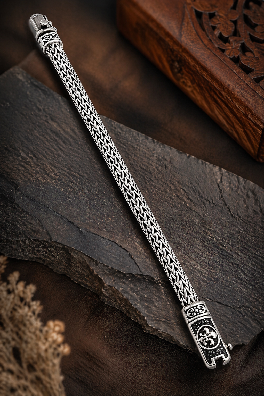Men’s Sterling Silver Braided Chain Bracelet with Heritage Clasp