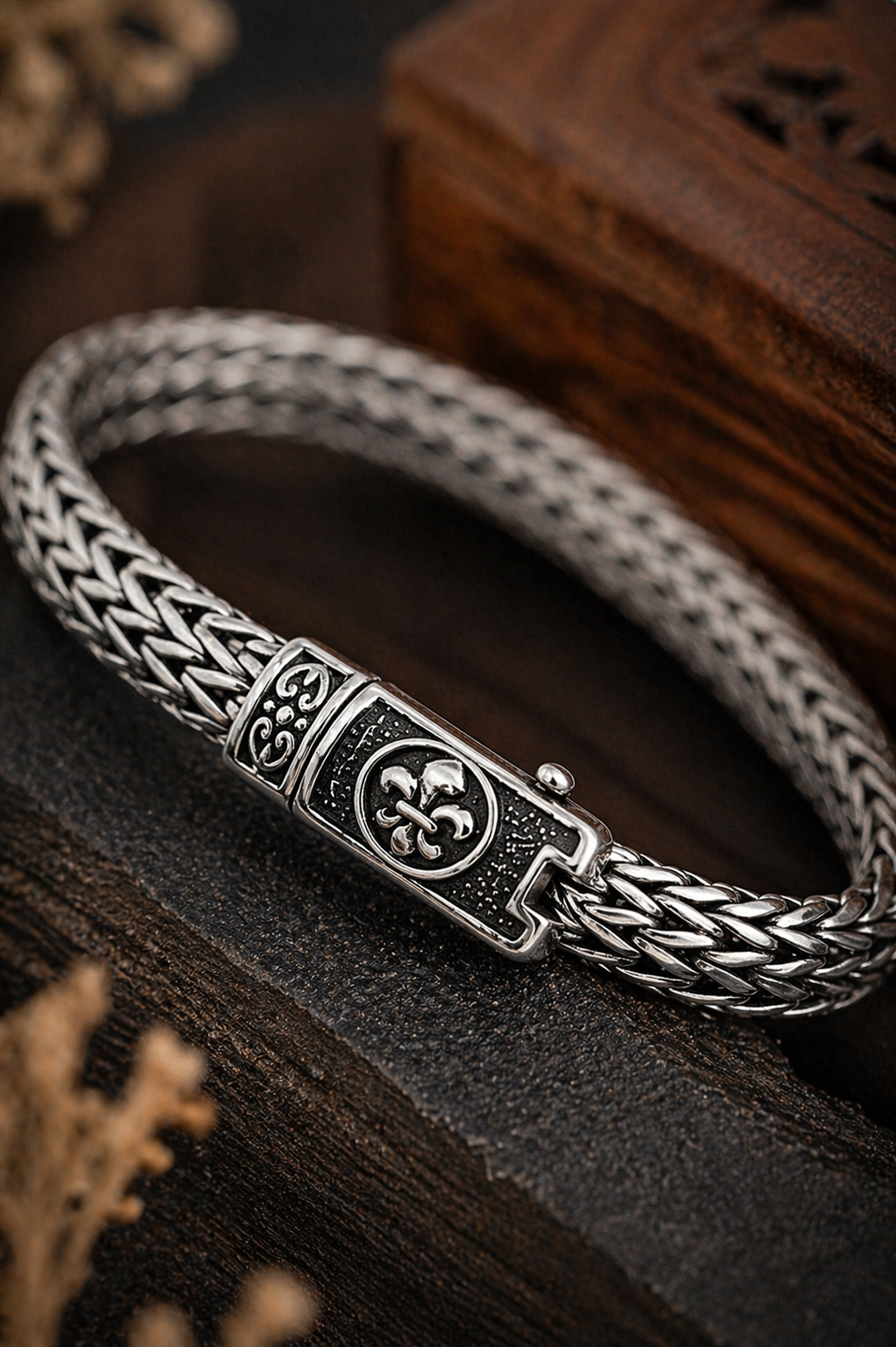 Men’s Sterling Silver Braided Chain Bracelet with Heritage Clasp