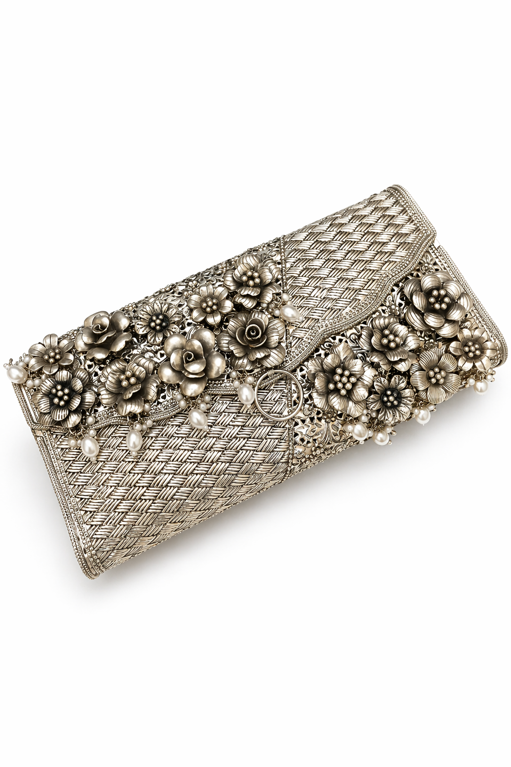 Handcrafted Floral Silver Clutch Bag with Pearl Embellishments