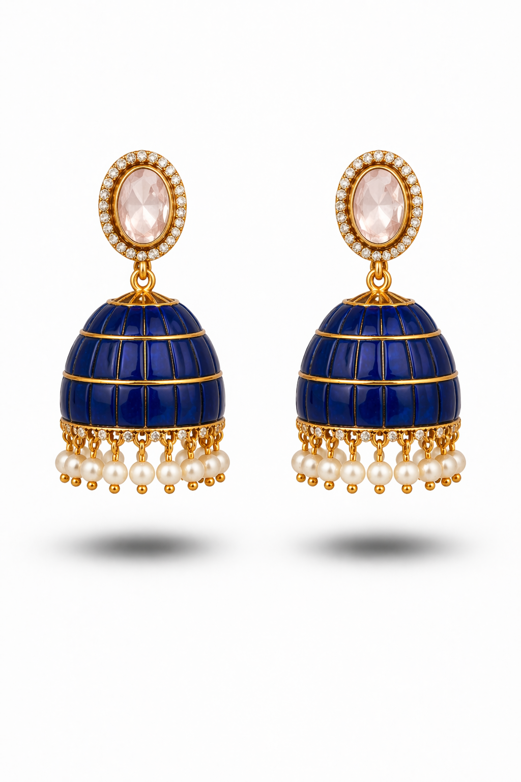 Royal Blue Dome Jhumka Earrings with Pearl Drops