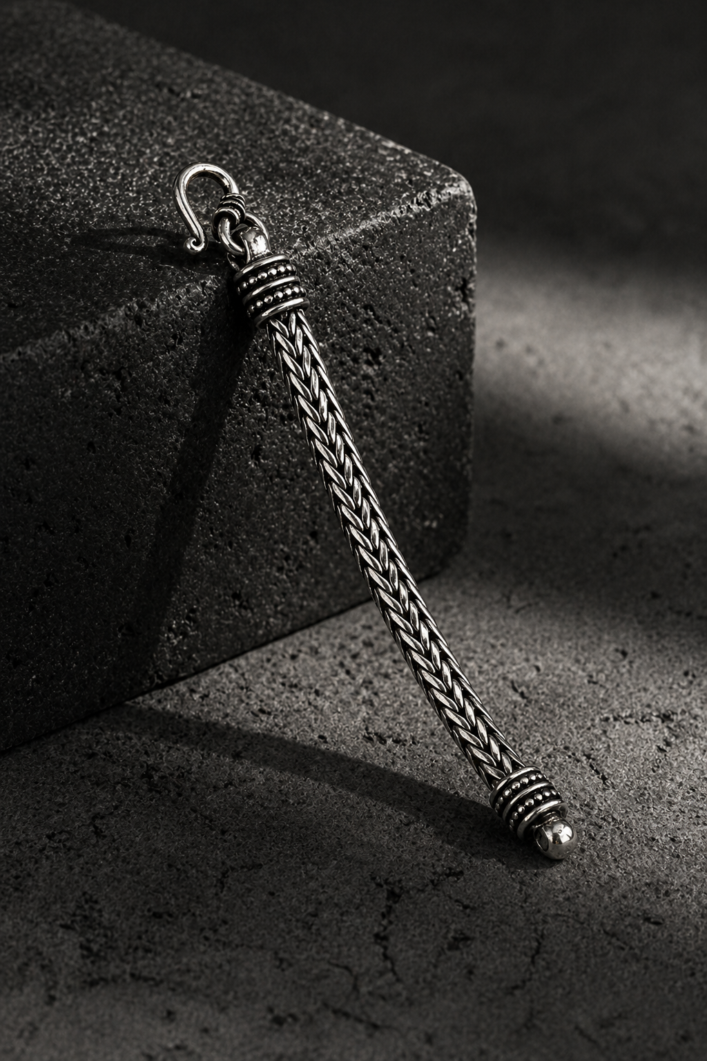Braided Silver Chain Bracelet for Men – Slim Oxidized Finish with Vintage Hook Clasp