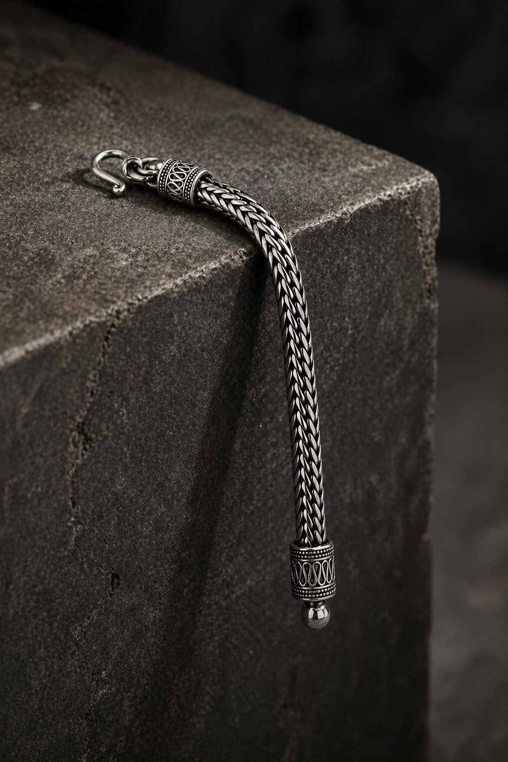 Braided Oxidized Silver Bracelet for Men – Dual-Strand Chain with Vintage Hook Clasp