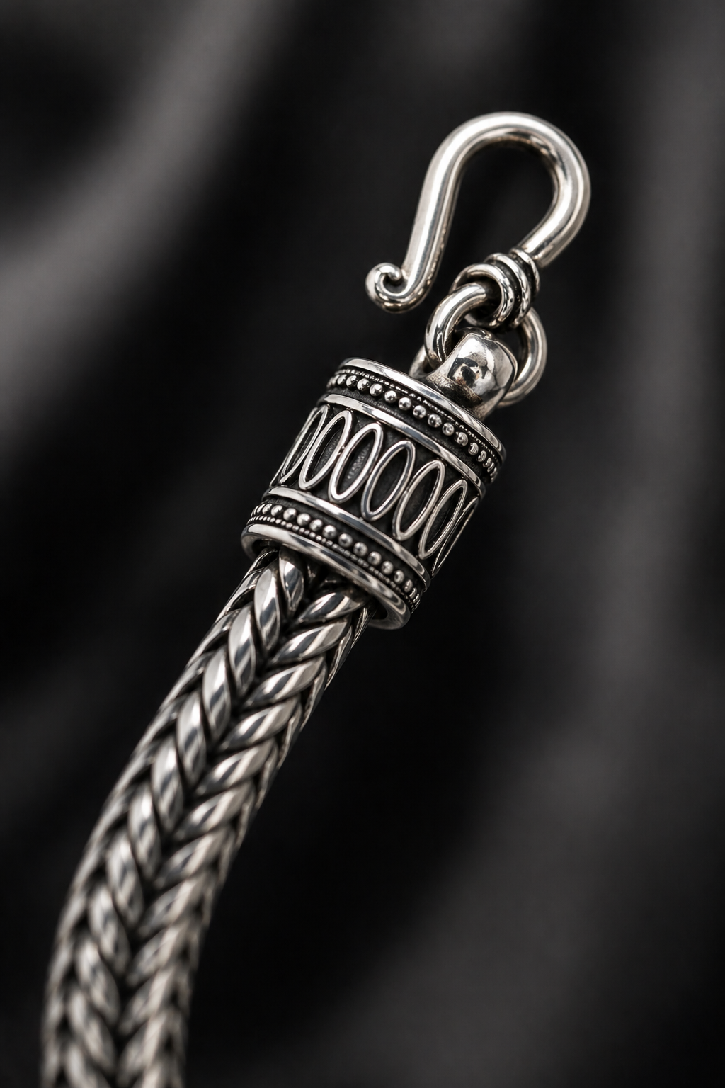 Braided Oxidized Silver Bracelet for Men – Dual-Strand Chain with Vintage Hook Clasp