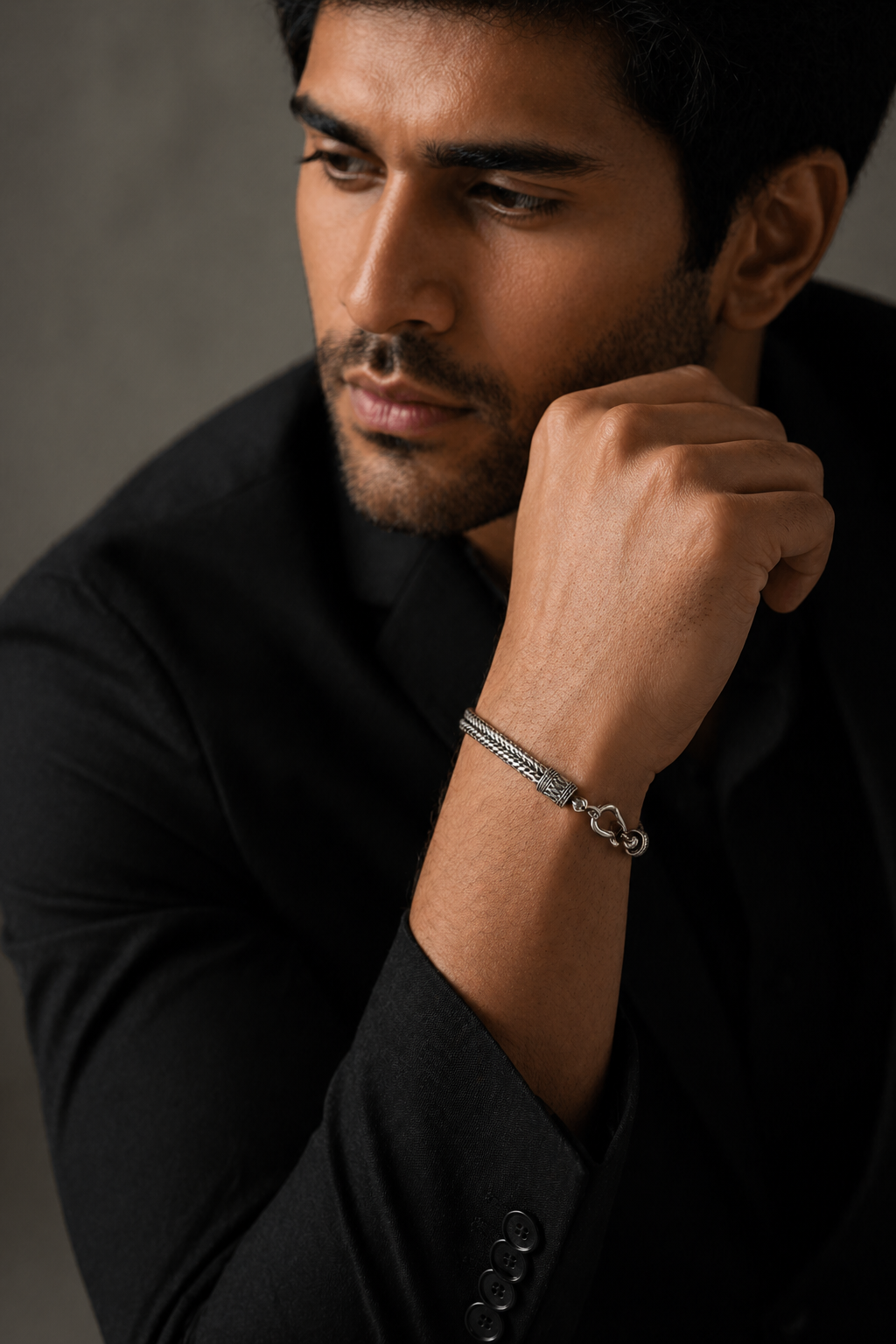 Braided Oxidized Silver Bracelet for Men – Dual-Strand Chain with Vintage Hook Clasp
