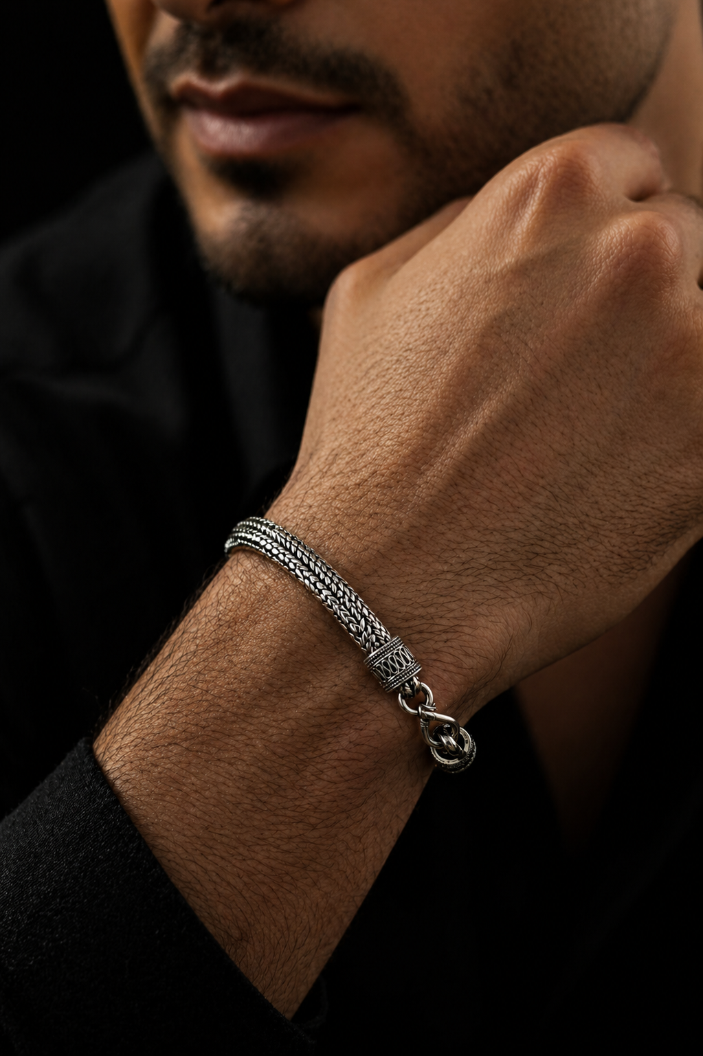 Braided Oxidized Silver Bracelet for Men – Dual-Strand Chain with Vintage Hook Clasp