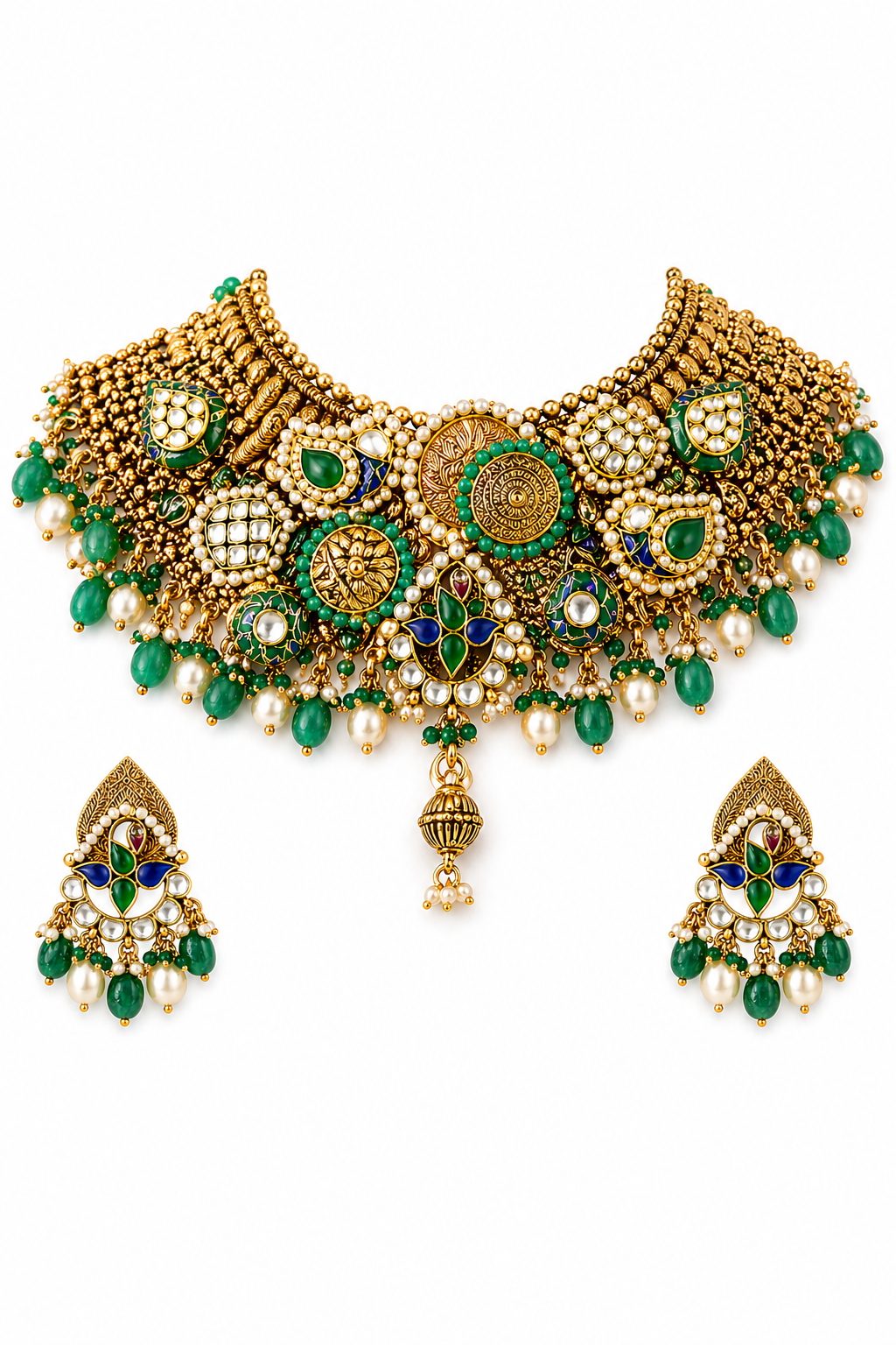 Royal Kundan Jadau Bridal Choker Set with Emerald & Pearl Detailing