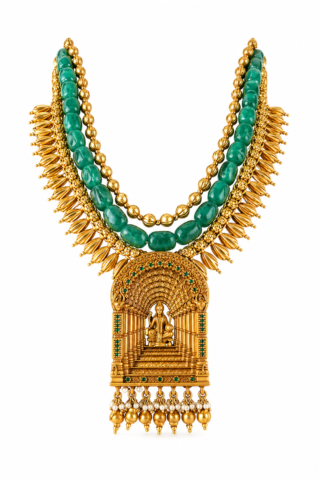 Traditional Temple Jewelry Necklace Set with Green Beads & Goddess Pendant