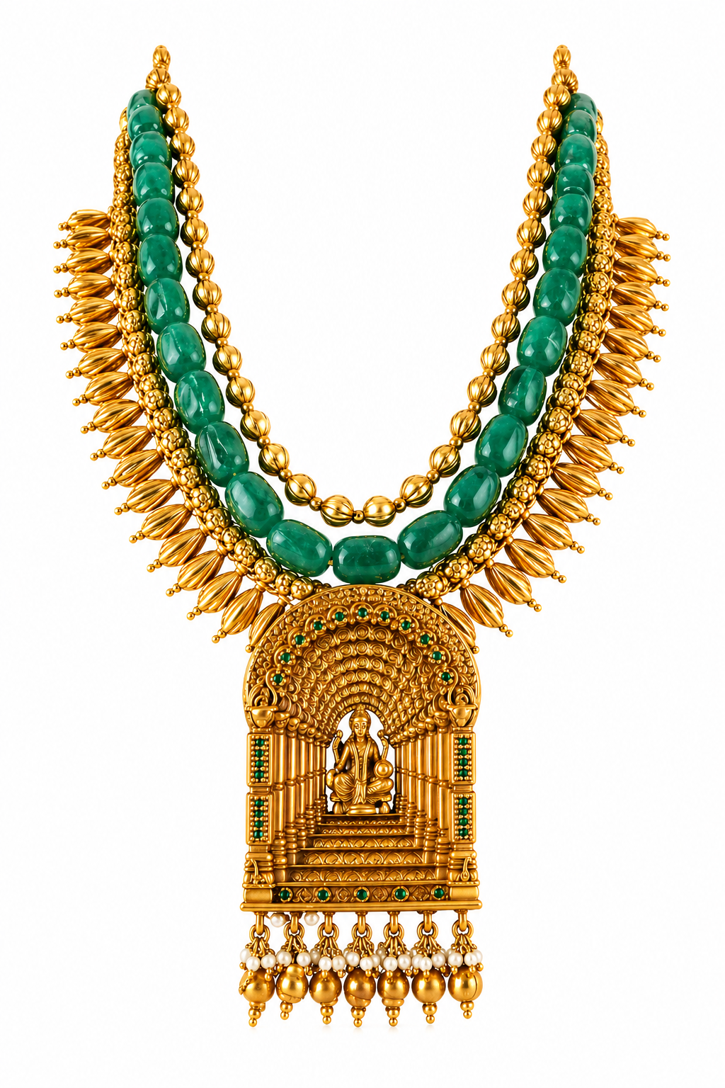 Traditional Temple Jewelry Necklace Set with Green Beads & Goddess Pendant
