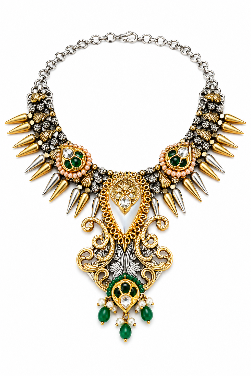 Fusion Statement Necklace Set with Dual-Tone Finish & Green Stones