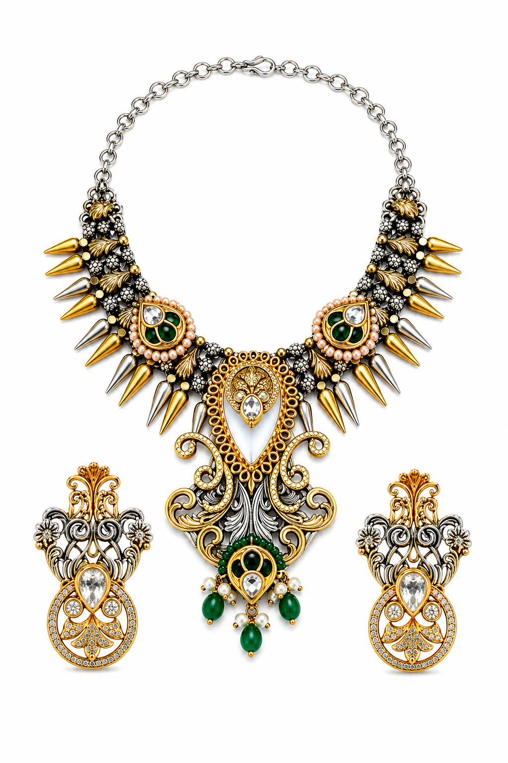 Fusion Statement Necklace Set with Dual-Tone Finish & Green Stones