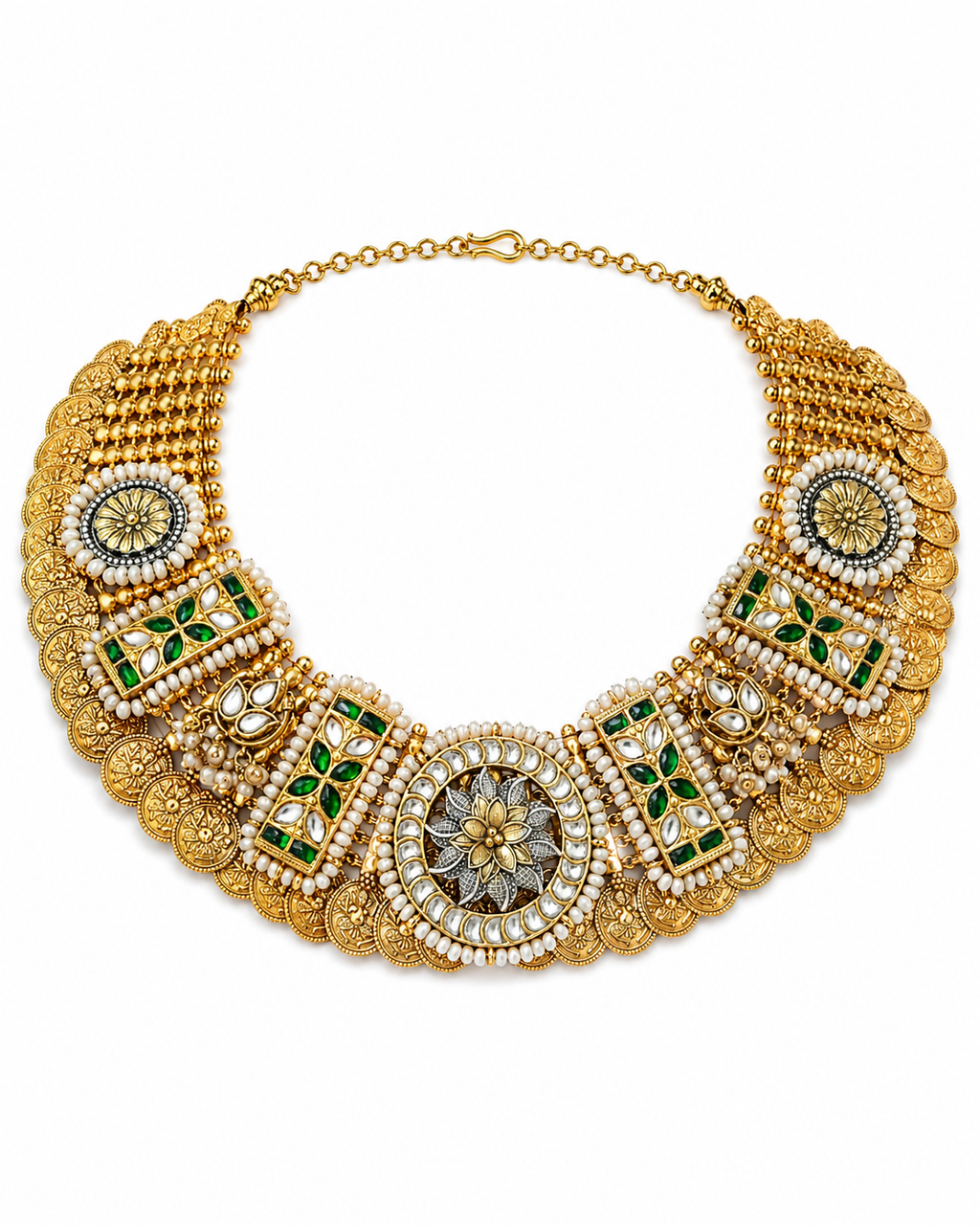 Royal Kundan Polki Choker Set with Green Stones & Pearls