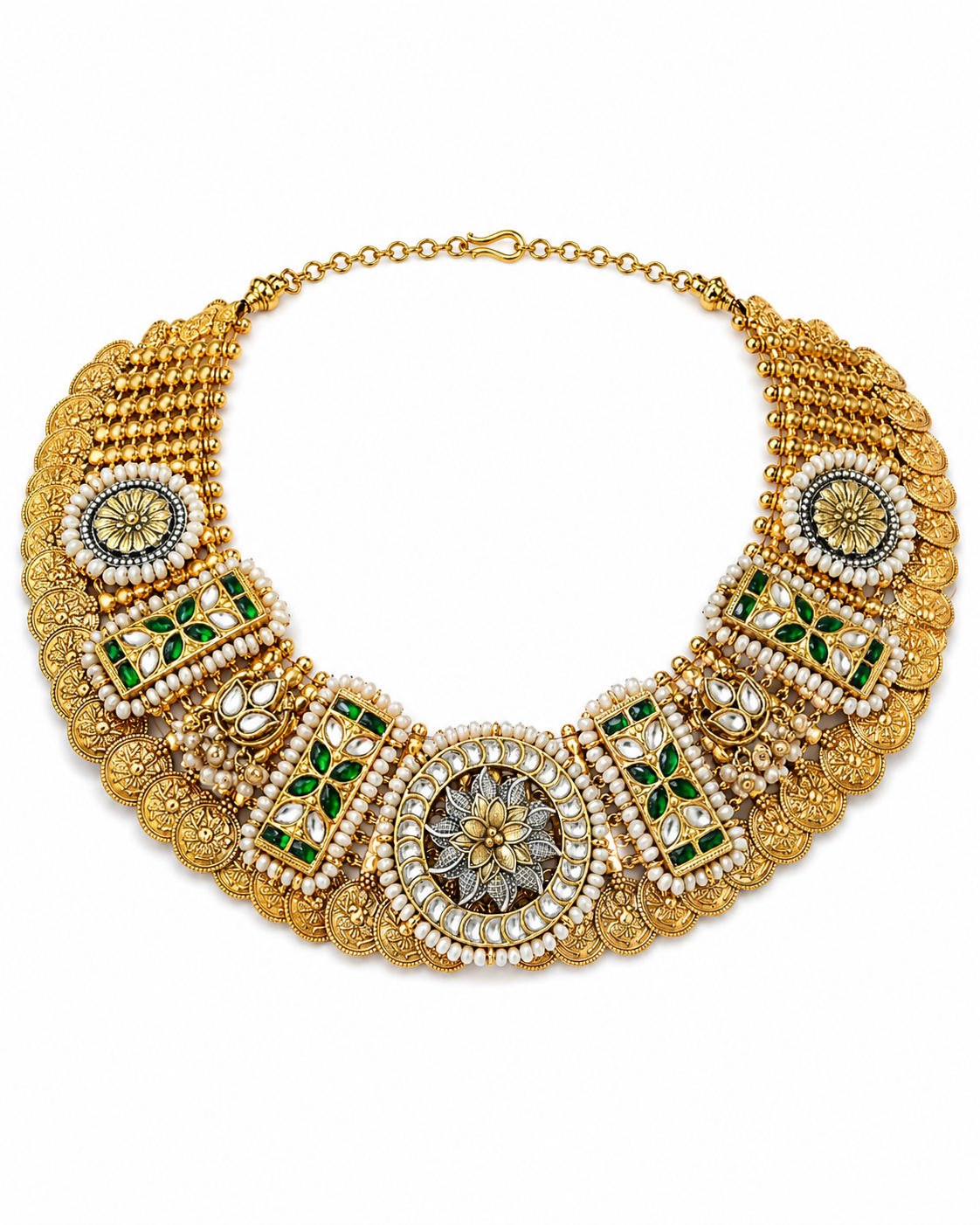 Royal Kundan Polki Choker Set with Green Stones & Pearls