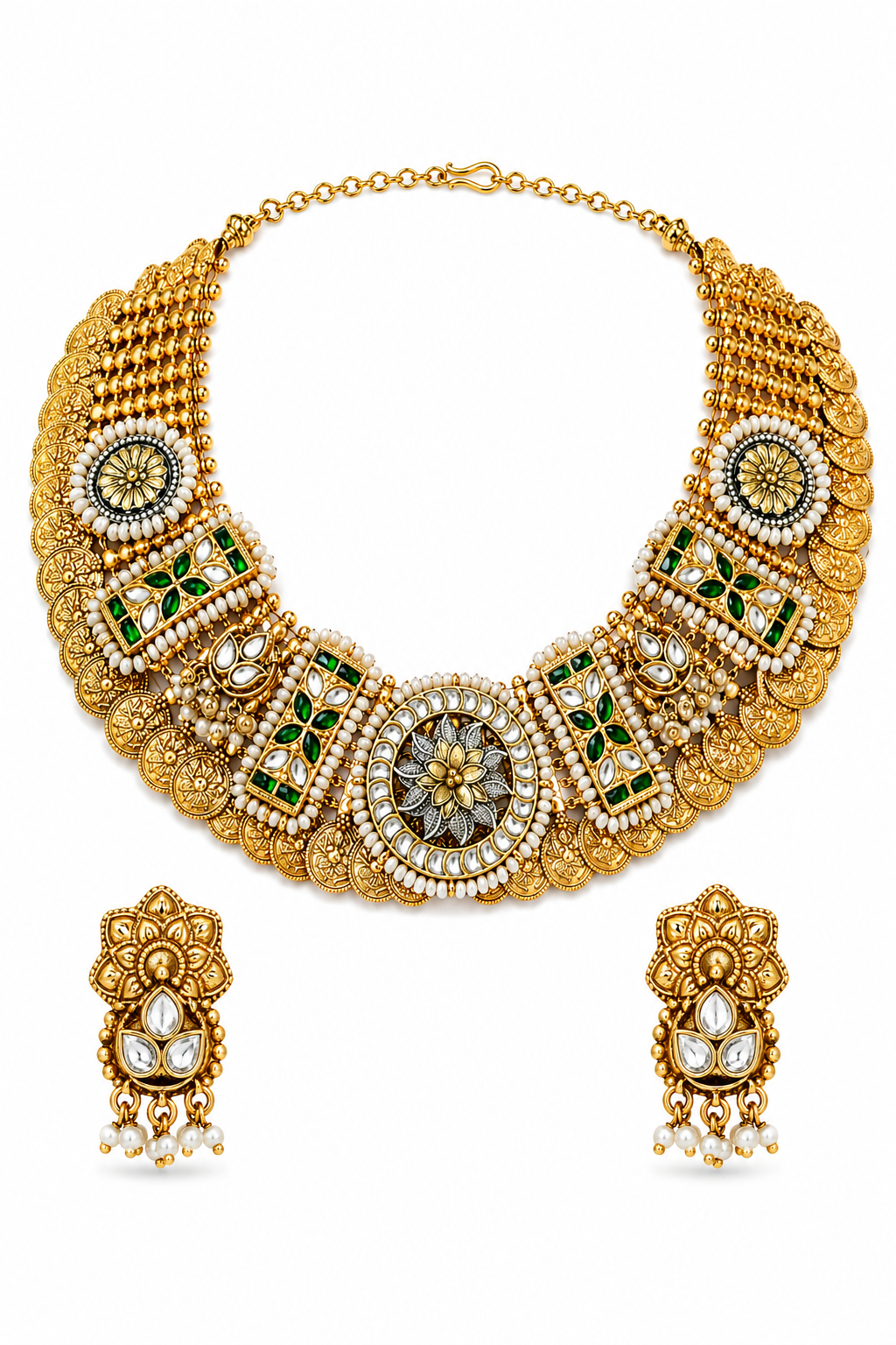 Royal Kundan Polki Choker Set with Green Stones & Pearls