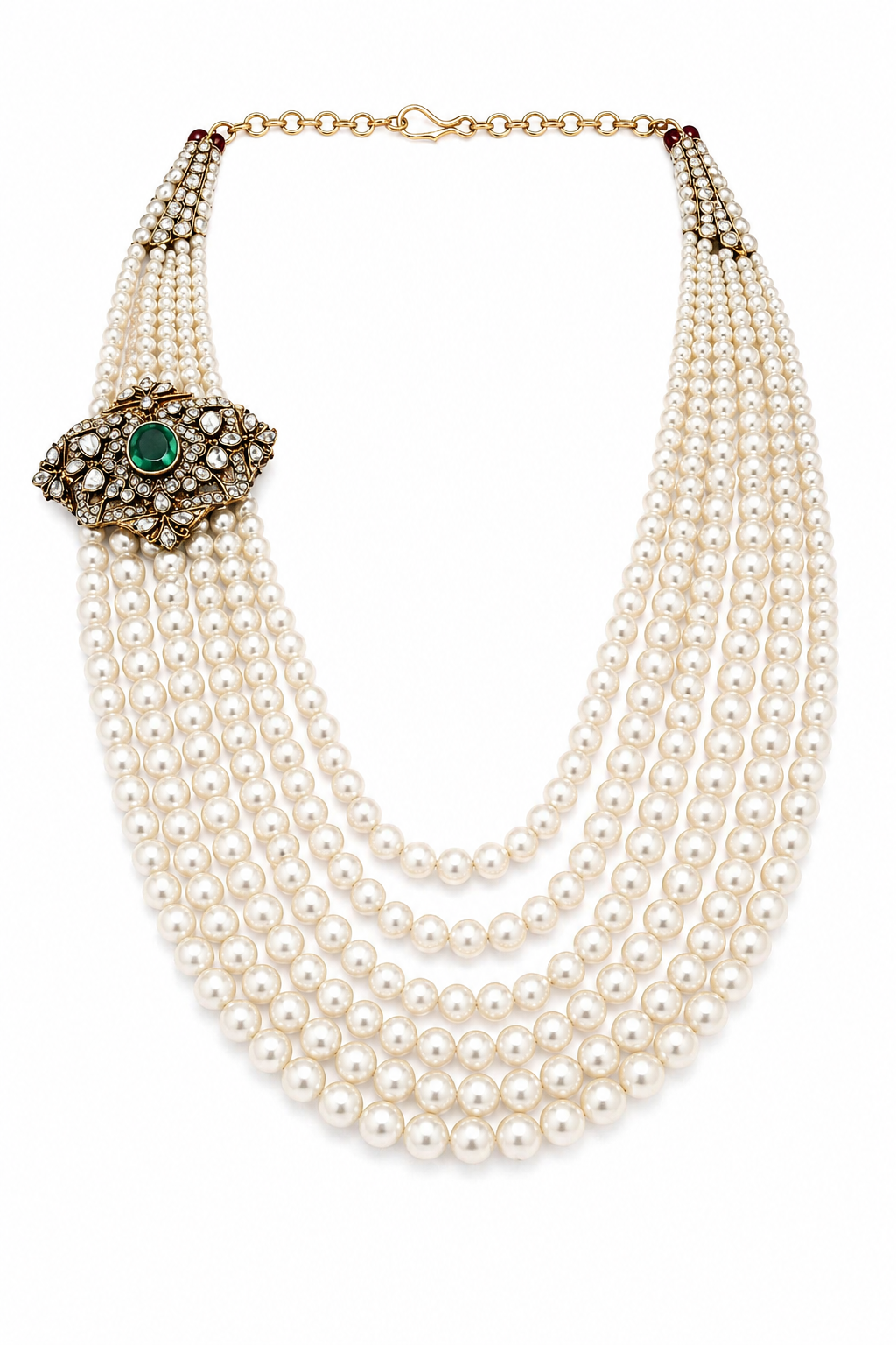 Multi Layer Pearl Necklace with Kundan Brooch & Green Stone Detail