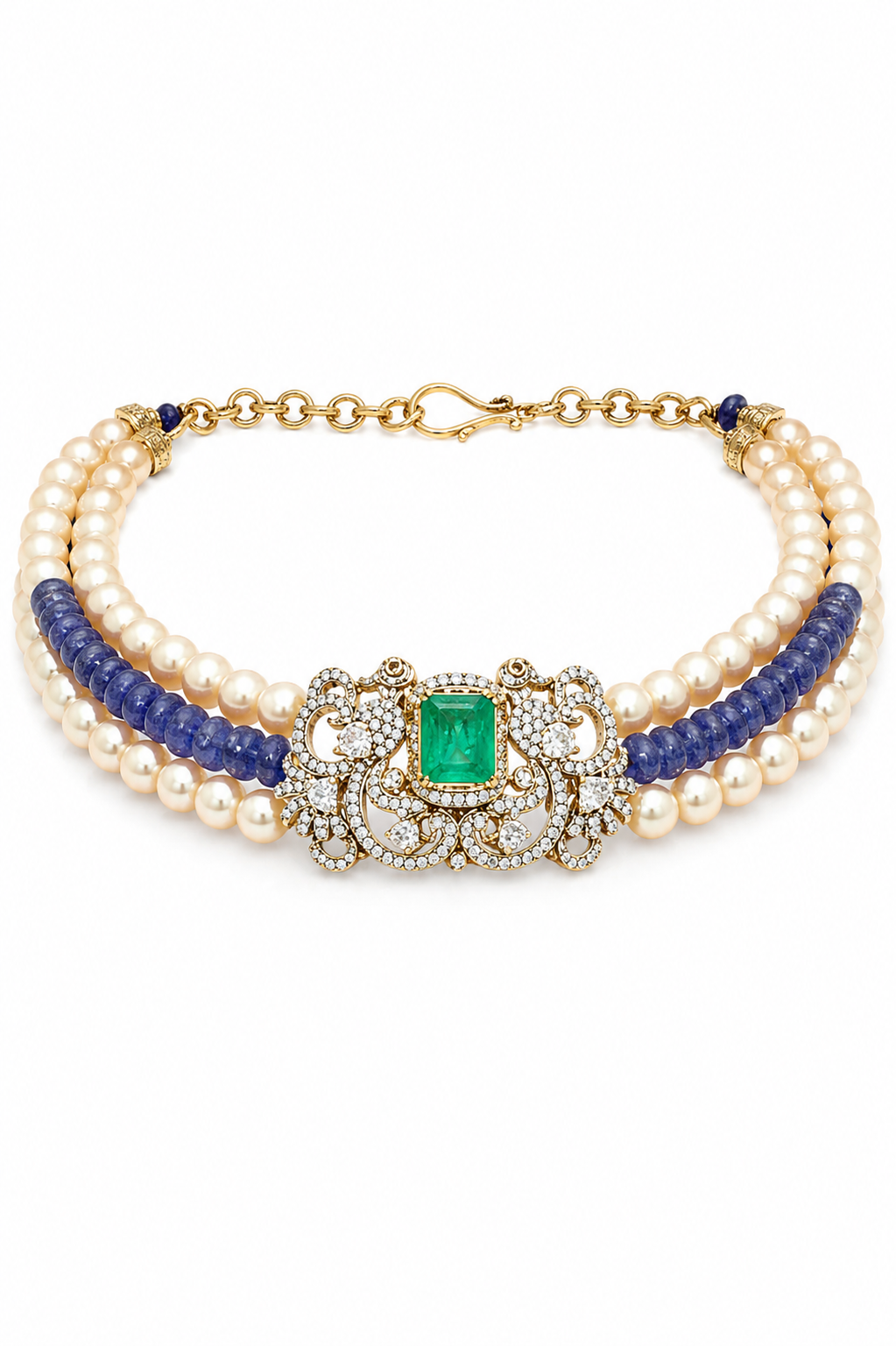Elegant Layered Pearl Necklace Set with Emerald Stone & Blue Beads