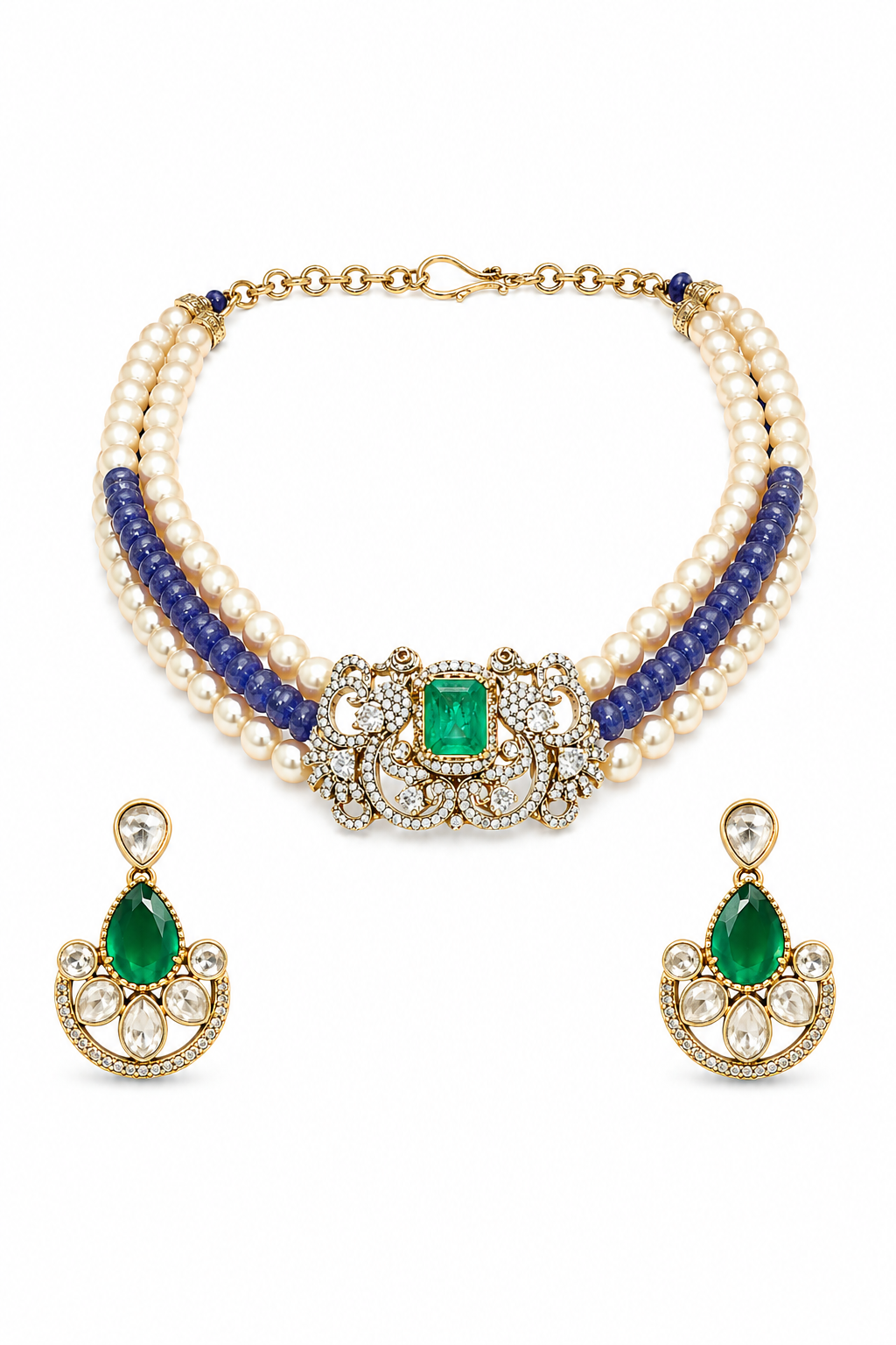 Elegant Layered Pearl Necklace Set with Emerald Stone & Blue Beads