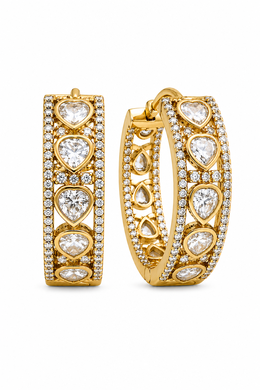 Gold Plated Hoop Earrings with Heart Cut Stones & Crystal Detailing