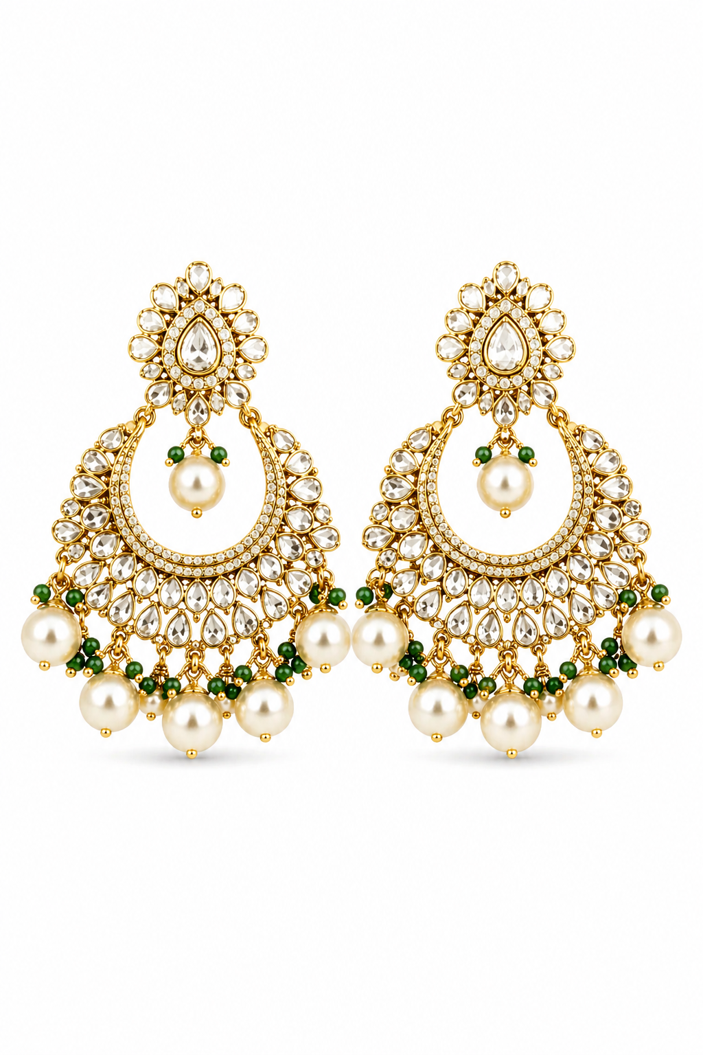 Traditional Kundan Chandbali Earrings with Pearl Drops & Green Beads – Bridal Statement Jewelry