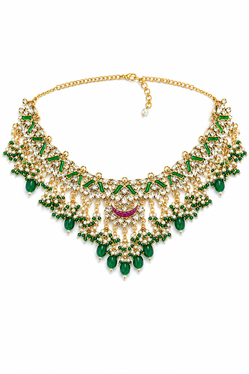 Royal Emerald Kundan Choker Necklace Set with Pearl Drops & Matching Earrings