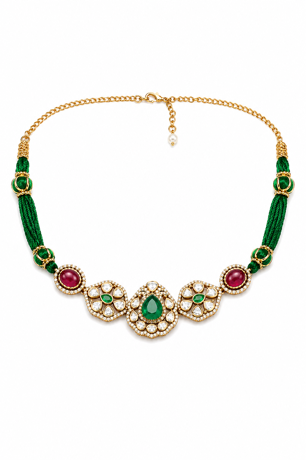 Kundan Polki Necklace with Green Pendant & Ruby Accents
