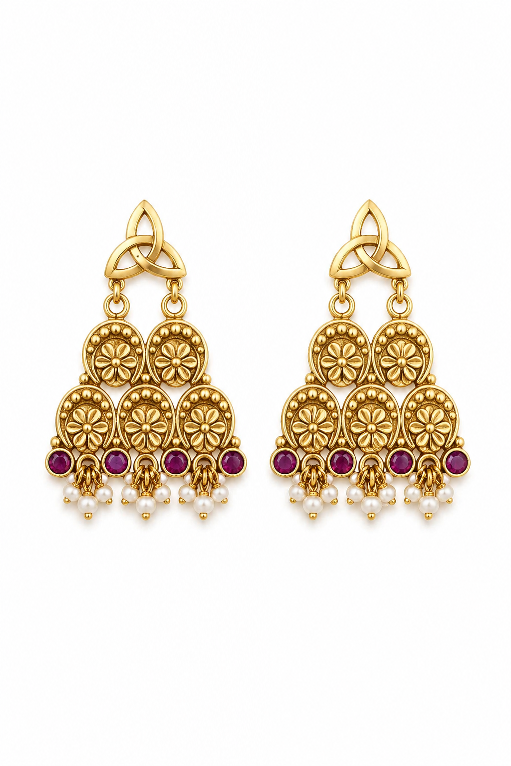 Traditional Gold-Tone Floral Chandbali Earrings with Ruby Stones & Pearl Drops