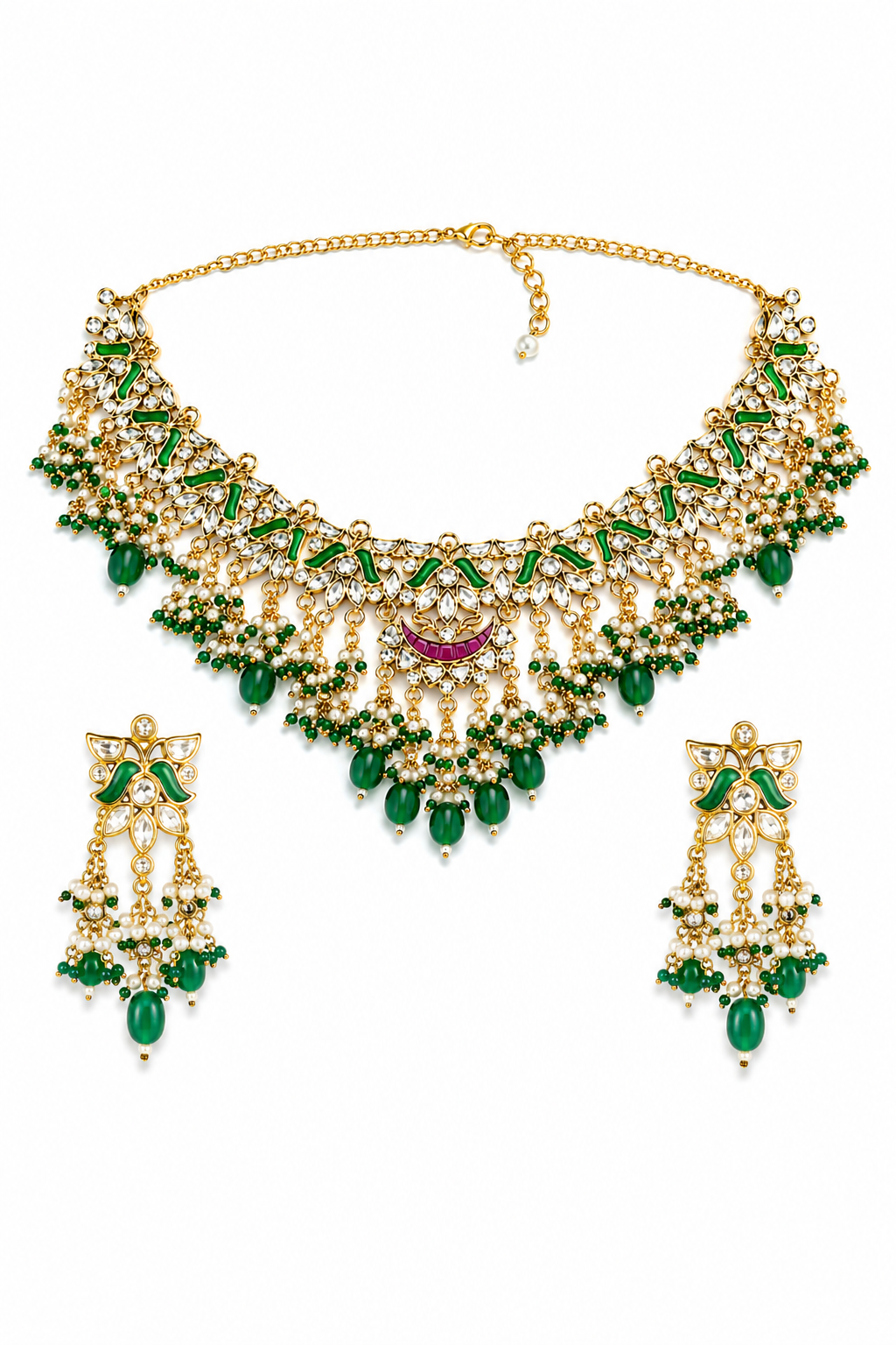 Royal Emerald Kundan Choker Necklace Set with Pearl Drops & Matching Earrings