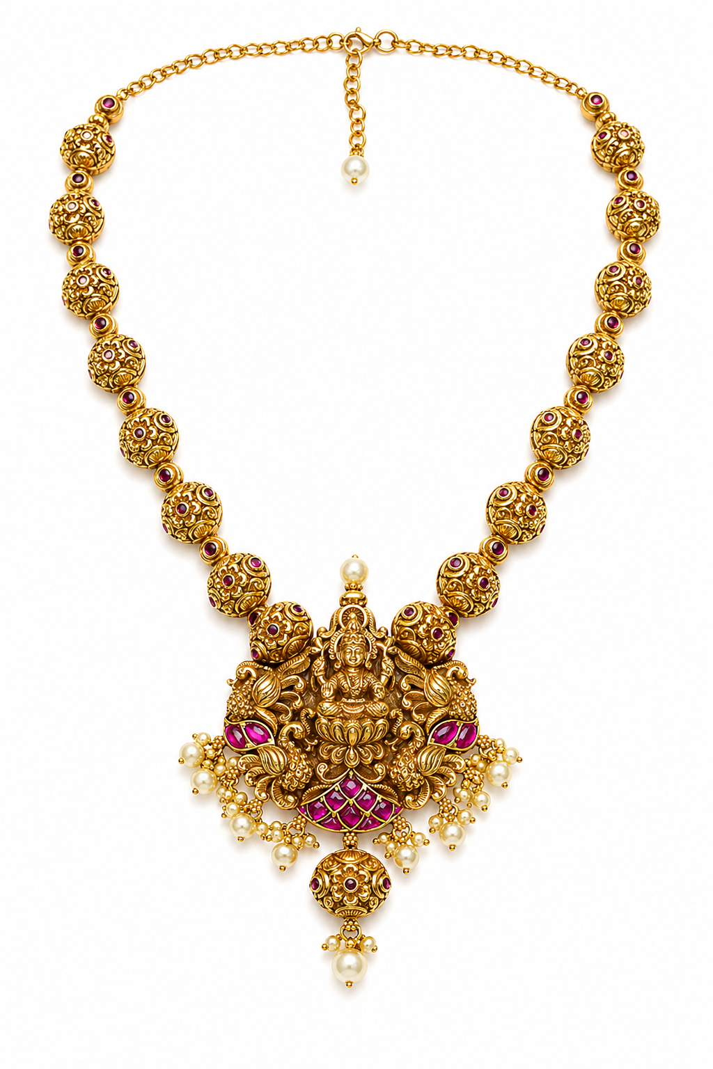 Temple Lakshmi Gold Necklace with Ruby Accents & Pearl Drops
