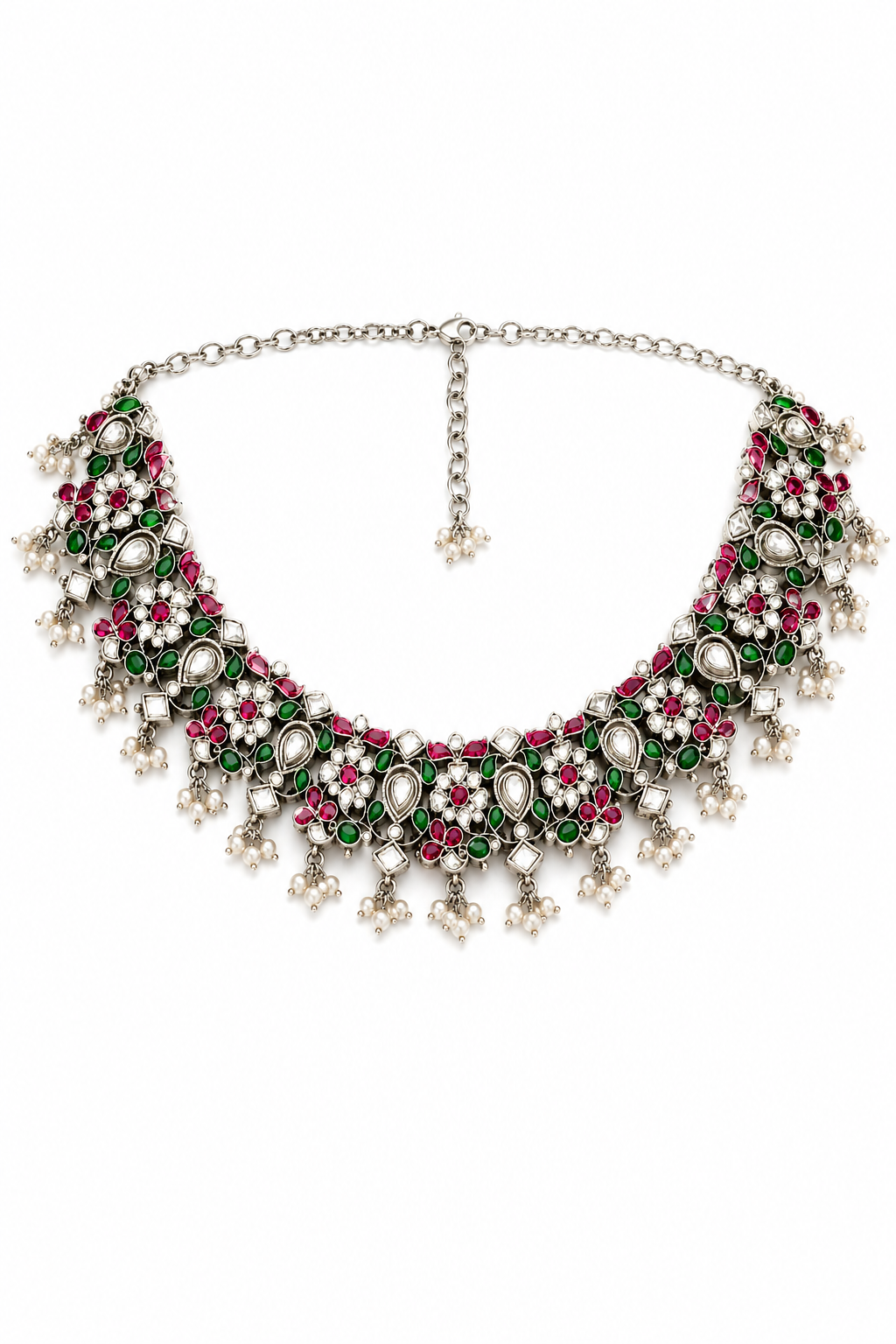Traditional Kundan-Style Necklace Set with Ruby Green Stones & Pearl Drop Jhumka Earrings