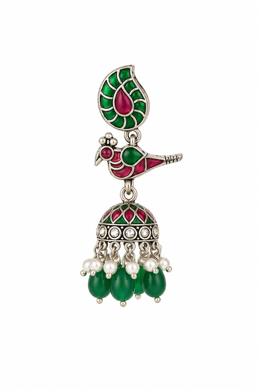 Traditional Kundan-Style Necklace Set with Ruby Green Stones & Pearl Drop Jhumka Earrings