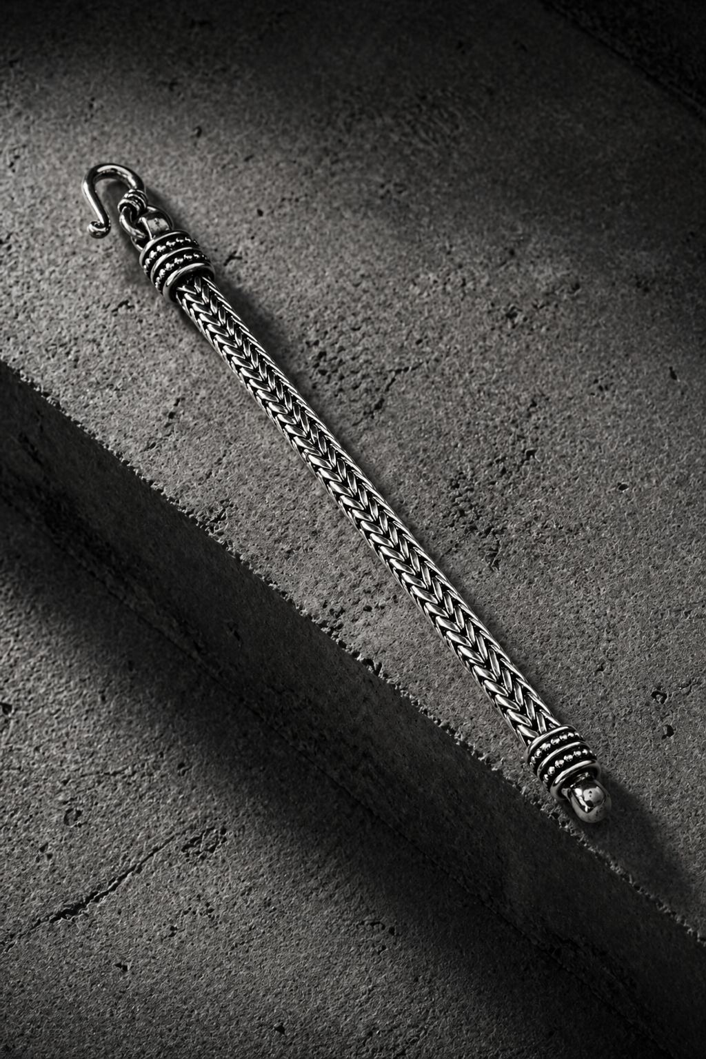 Braided Silver Chain Bracelet for Men – Slim Oxidized Finish with Vintage Hook Clasp