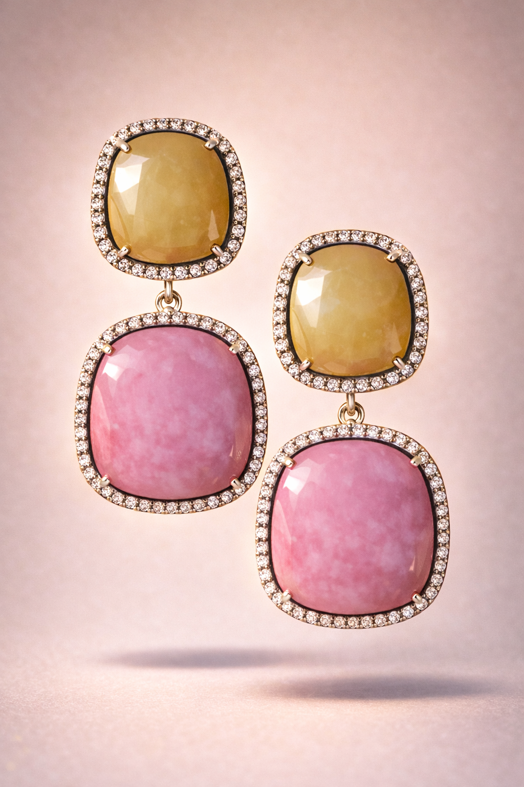 Pastel Dual Stone Drop Earrings with Crystal Halo Border