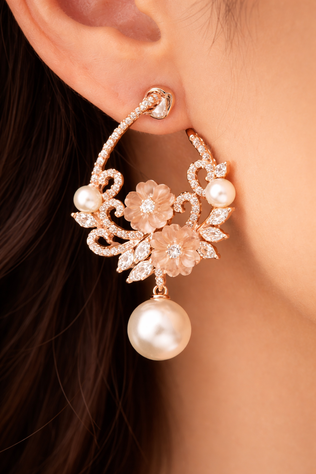 Floral Pearl Drop Earrings with Rose Gold Accents
