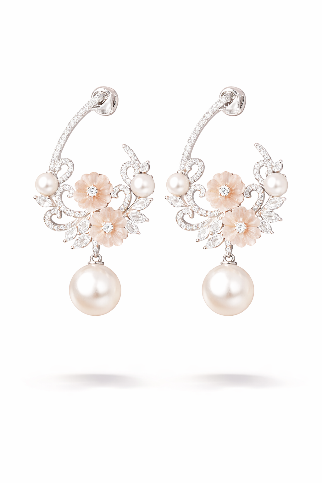 Floral Pearl Drop Earrings with Rose Gold Accents