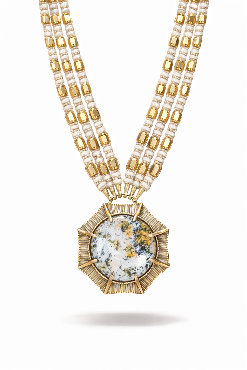 Bohemian Natural Stone Pendant Necklace with Beaded Strands