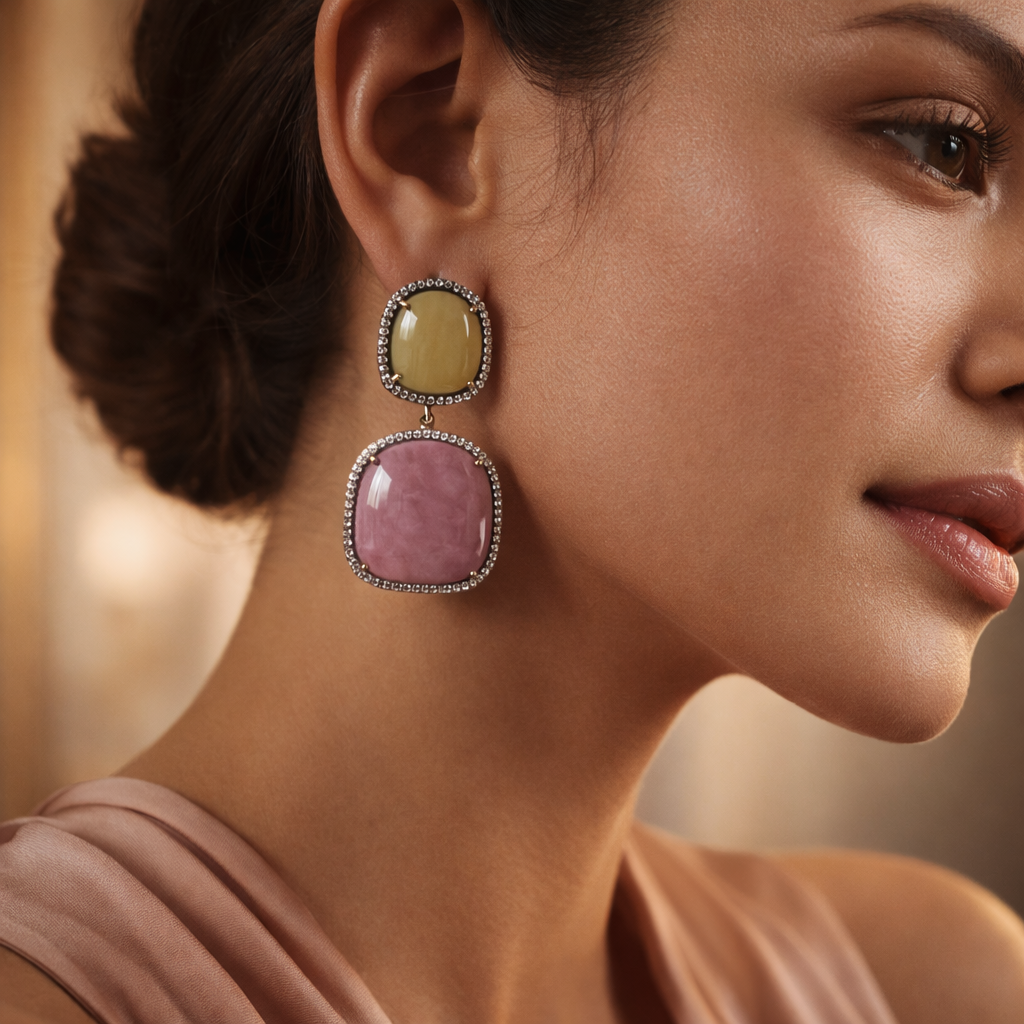 Pastel Dual Stone Drop Earrings with Crystal Halo Border