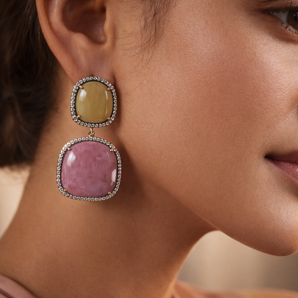 Pastel Dual Stone Drop Earrings with Crystal Halo Border