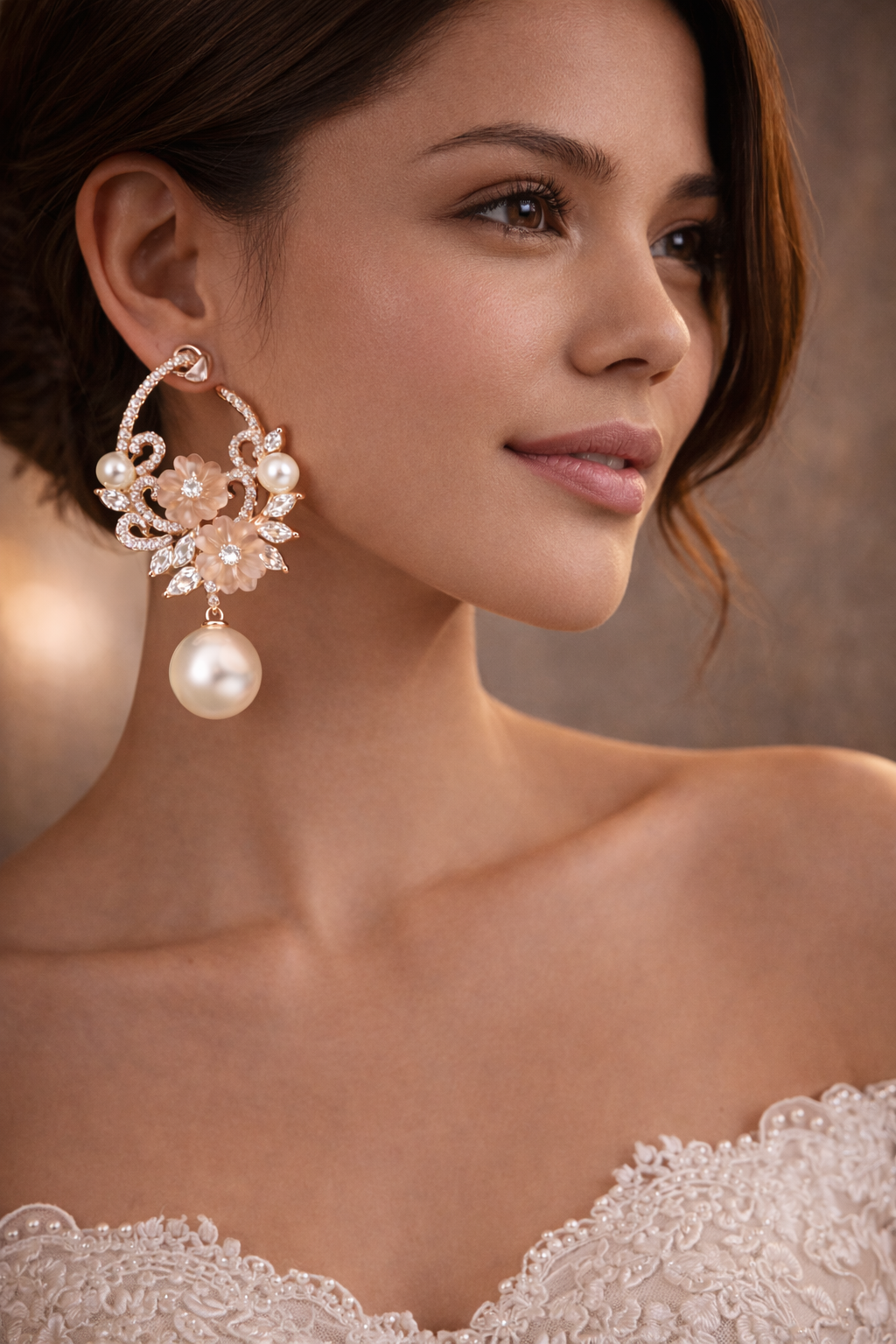 Floral Pearl Drop Earrings with Rose Gold Accents