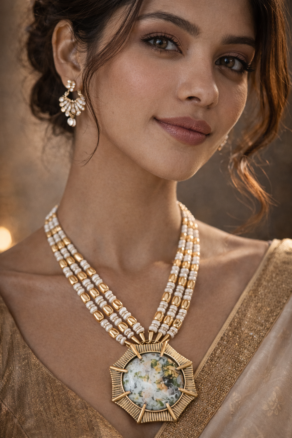 Bohemian Natural Stone Pendant Necklace with Beaded Strands