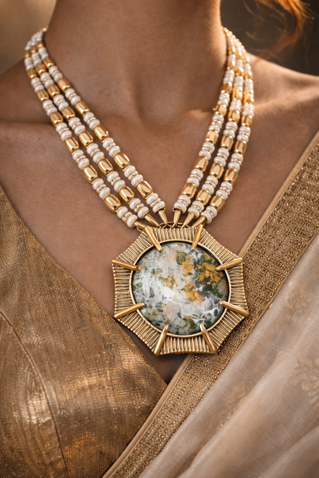 Bohemian Natural Stone Pendant Necklace with Beaded Strands