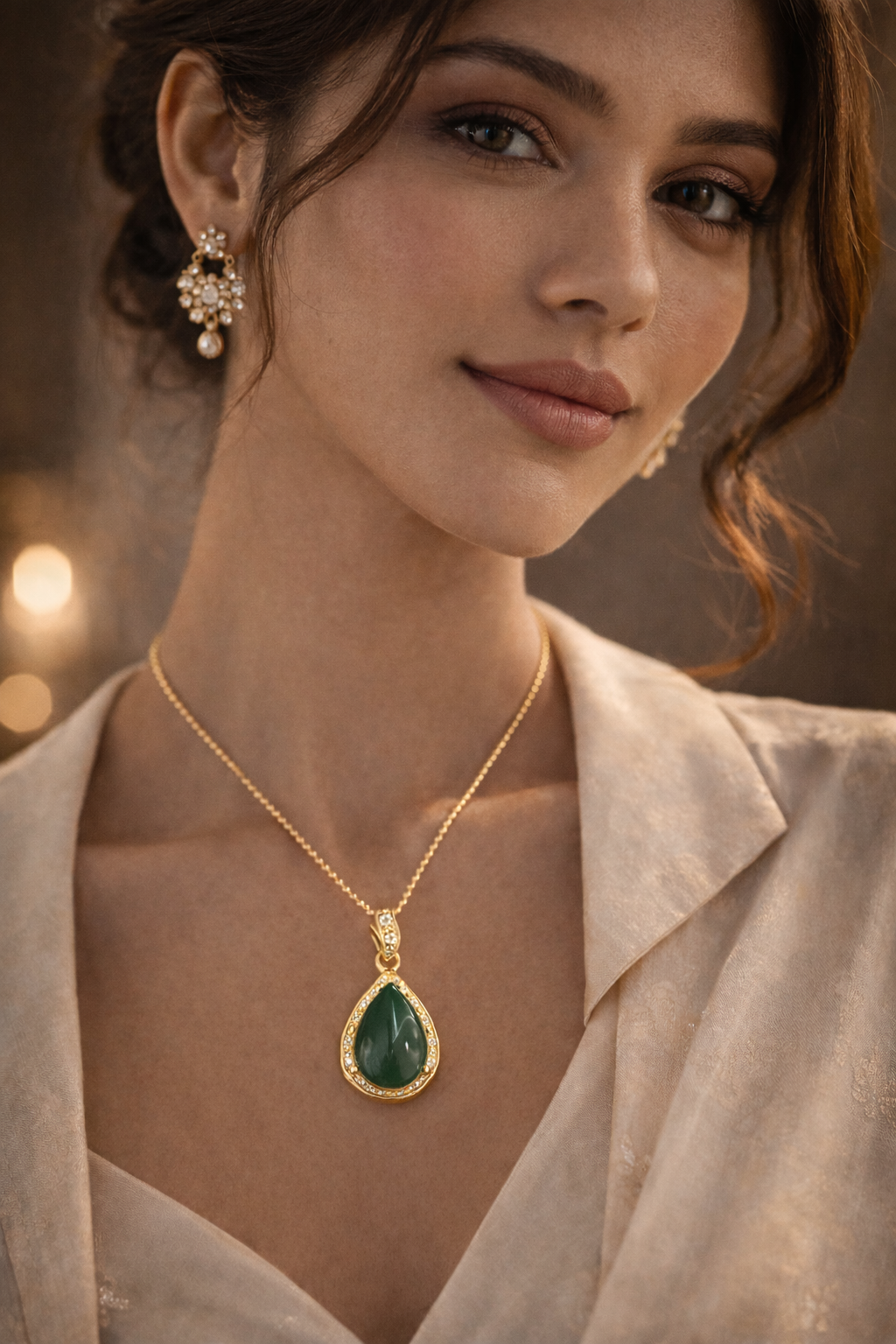 Green Teardrop Gemstone Pendant Necklace in Gold Finish