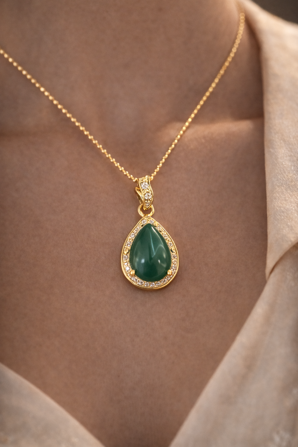 Green Teardrop Gemstone Pendant Necklace in Gold Finish