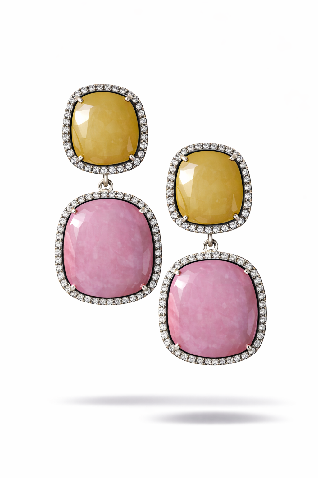 Pastel Dual Stone Drop Earrings with Crystal Halo Border