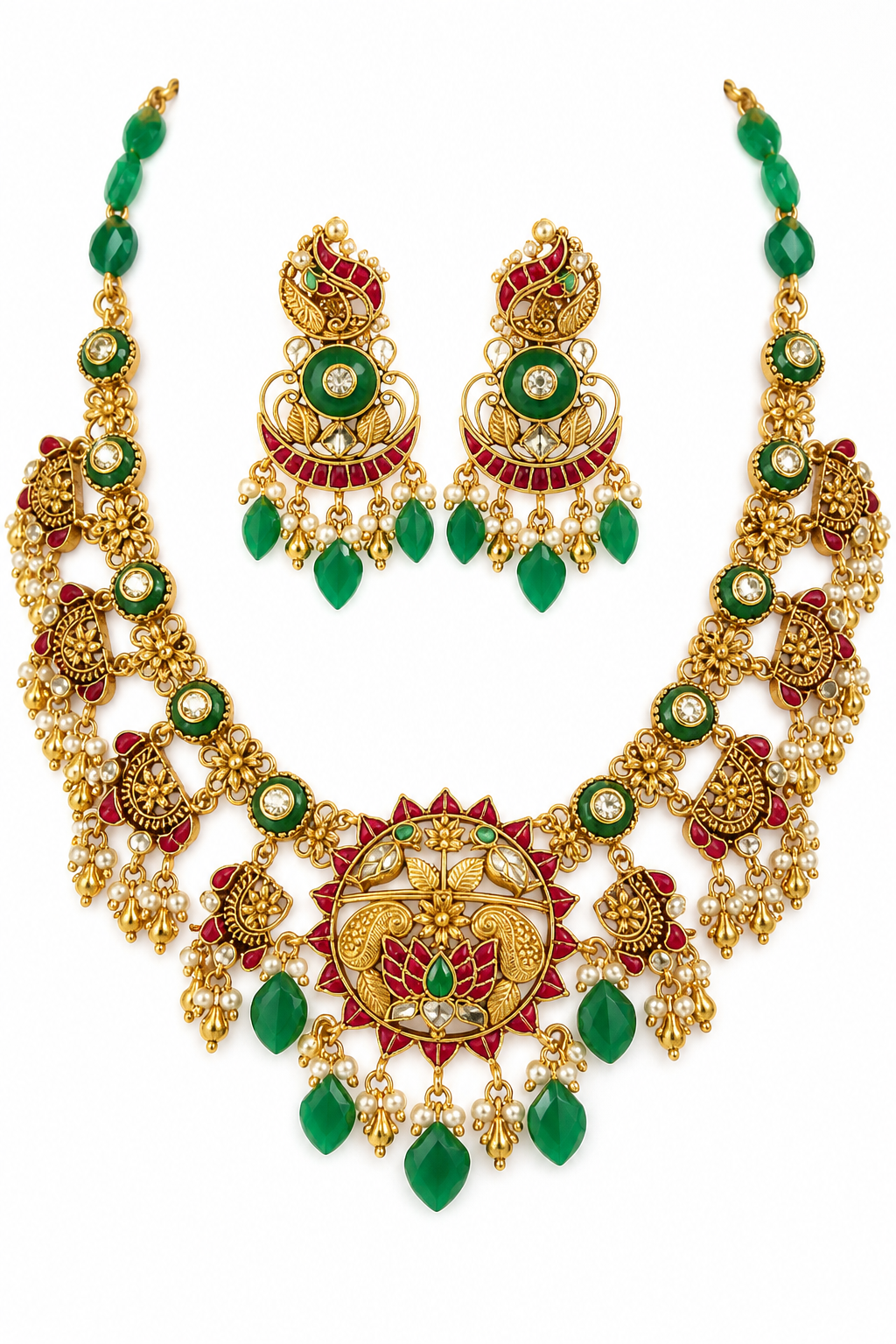 Bridal Kundan Jadau Necklace Set with Green Beads & Traditional Design