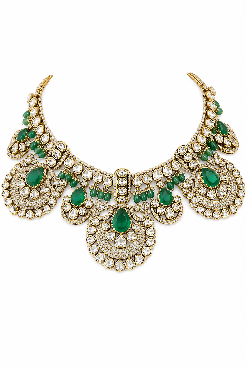 Elegant Kundan Necklace Set with Emerald Green Stones