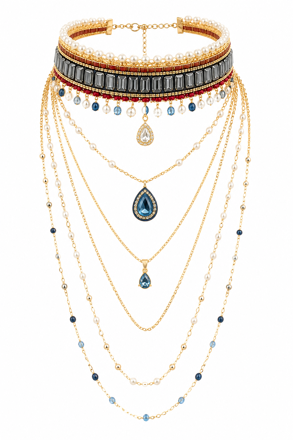 Layered Choker Necklace Set with Blue Teardrop Pendants