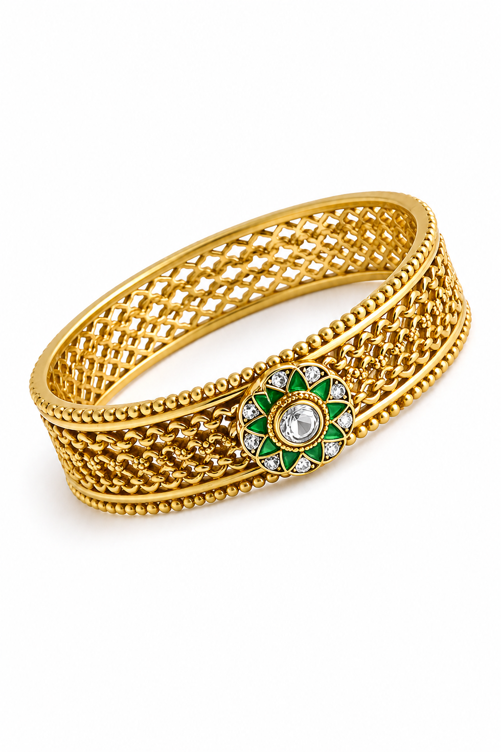 Rajwada Jali Kada – Antique Gold Filigree Bangle with Emerald Polki Centrepiece