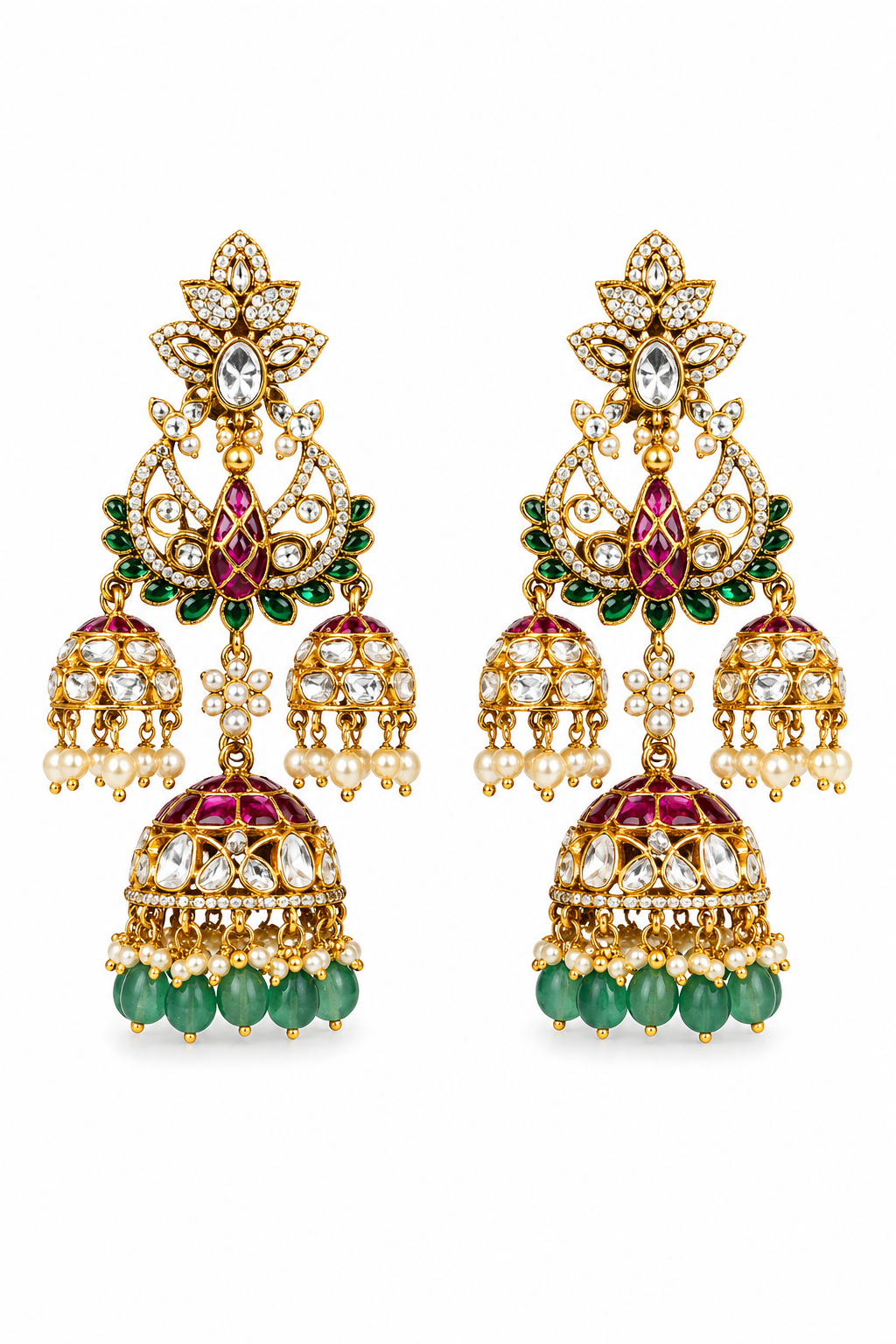 Rajrani Triple Jhumka Earrings – Kundan Lotus Chandbali with Cascading Jhumka Drops