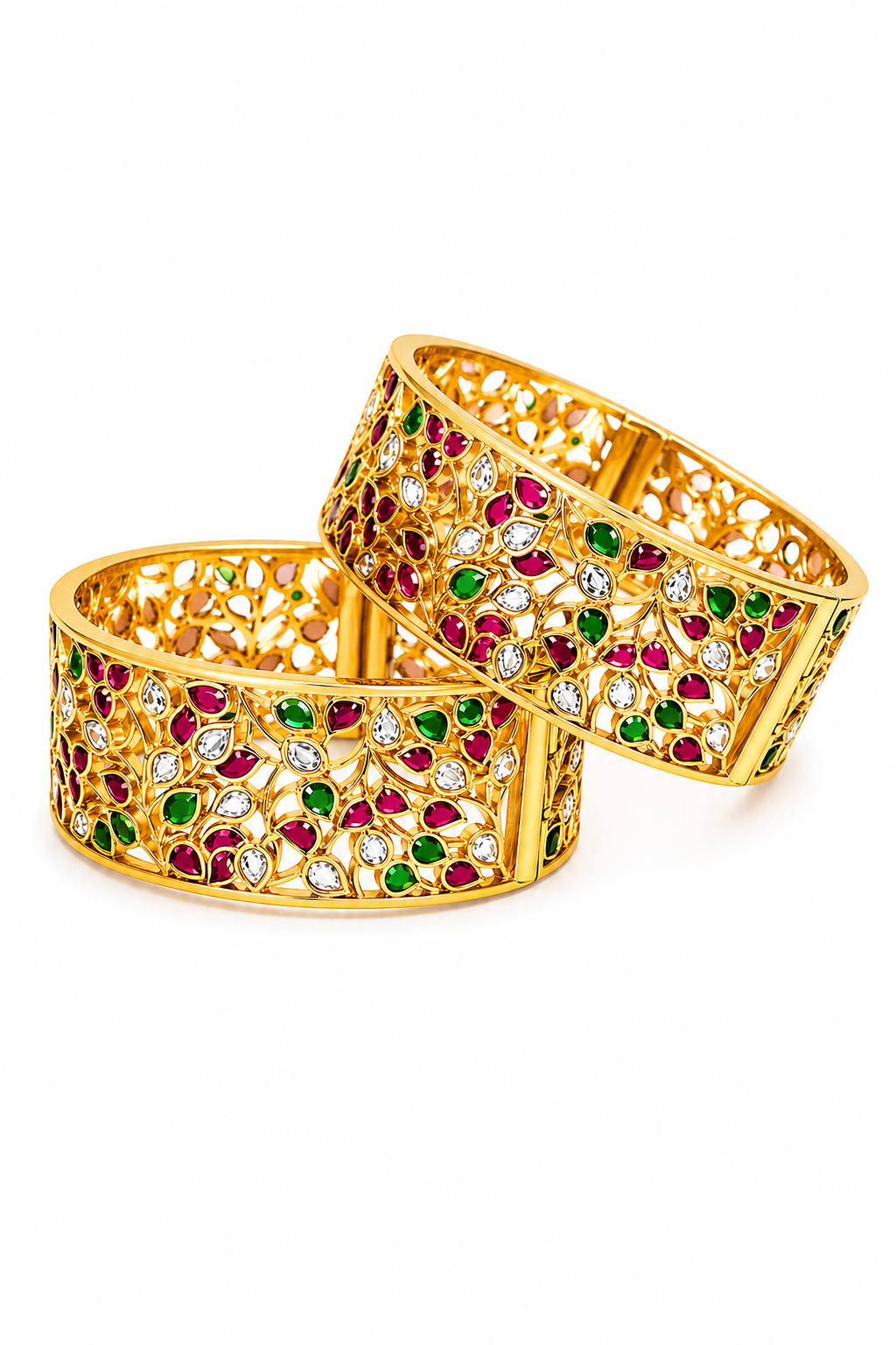 Gulbahar Jali Kada – Royal Gold Filigree Bangle Set with Ruby, Emerald & Polki Stones