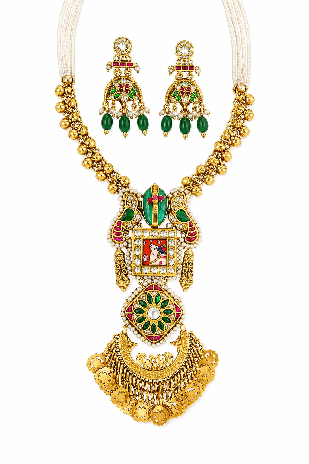 Rang Mahal Meenakari Set – Royal Pichwai Pendant Necklace & Jhumka Earring Set